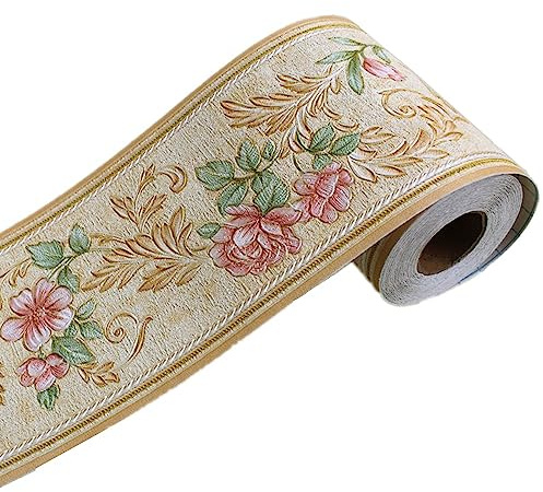DHHOUSE Frise de papier peint 3D à fleurs beige, bordure murale autocollante à peler et coller pour plafond, salle de bain, salon 10 cm par 5 m (style beige)