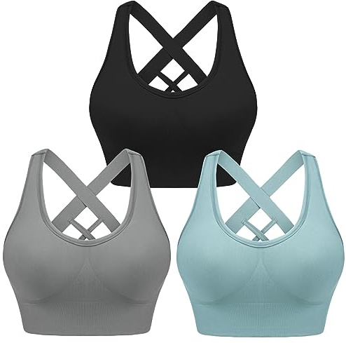 Leversic Reggiseno Sportivo da Donna Top Sportivo Donna Top Fitness Donna Reggiseno Imbottito Palestra Donna Senza Ferretto Reggiseni Push Up per Yoga Jogging Gym Nero+Blu+Grigio L
