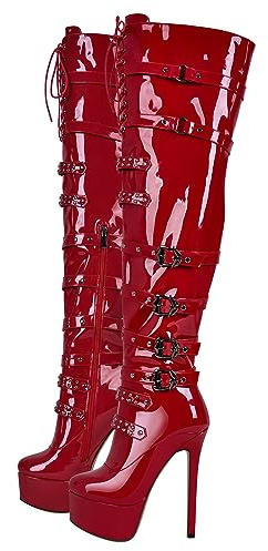 richealnini Women's Platform Heel Thigh High Boots Zip Up Over the Knee High Boots Front Lace Up Stiletto Heel Buckles Chains Rivets Ornamented Punk Motorcycle Club Outside Combat Boots Red Size 7
