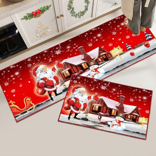 Hoimlm Weihnachts Küchenteppiche rutschfest Waschbarer, Flur Wohnzimmer Boden Badezimmer Küchen Teppich, Weihnachtsdekor, 43 x 150 cm+43 x 75 cm (Weihnachts A)