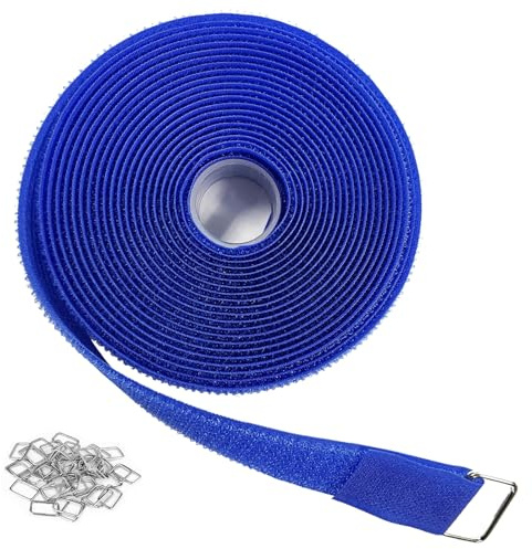 YMCRLUX 1x16ft Hook and Loop Straps with 25 Metal Buckles, Adjustable Fastening Cable Straps, Cut-to-Length Cinch Strap, Reusable Nylon Securing Cord Ties for Organizer or Storage, 1 inch Wide,Blue