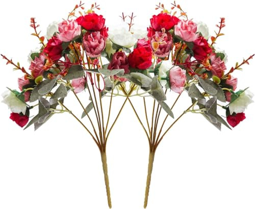 21 huvuden konstgjort siden rosblommor, 2 buntar konstgjorda blommor konstgjorda blommor dekoration, små buketter konstgjord bukett, realistisk plastbukett för hemmafest tårtdekoration