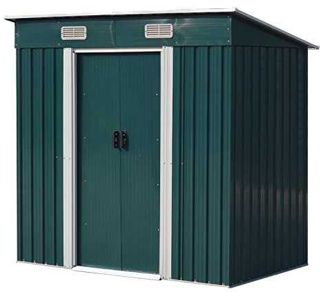 Garden Storage Shed Metal 6 x 4 FT Outdoor with Base Vents Lockable Sliding Doors Sloped Pent Roof for Patio Backyard Bike Tool All-Weather (Green)