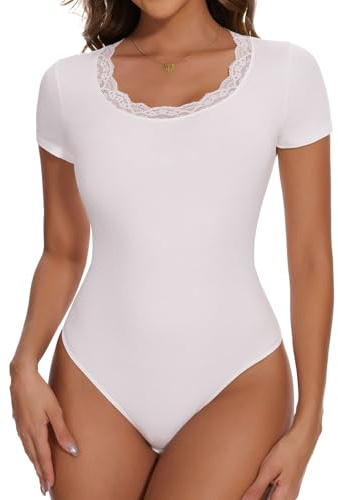 Joyshaper Body da donna a maniche corte, con scollo angolare, elegante, da donna, estivo, maglietta, Bianco/Collo a U, S