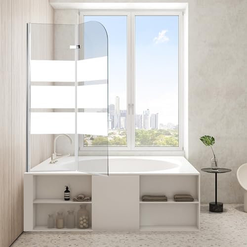 Jopassy Parete doccia per vasca da bagno, 100 x 140 cm, 2 pezzi, pieghevole, con vetro di sicurezza ESG da 6 mm, per vasca da bagno e doccia a strisce bianche