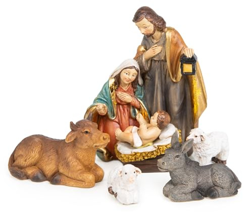 Logbuch-Verlag Lot de 5 figurines de crèche de Noël Sainte Famille avec bœuf âne mouton 9,5 cm Petit cadeau pour Noël