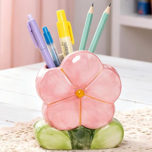 Busnos Stiftehalter Blume Zimmer Deko Cute Boho Style Aesthetic Stiftehalter Kawaii Stifteköcher Rosa Pen Holder Pinselhalter Stifte Organizer Schreibtisch Zubehör Geschenk für Frauen