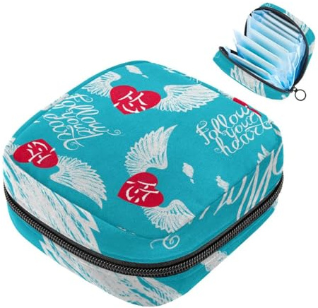 Damenbinden-Aufbewahrungsbeutel für Damen, große Kapazität, Menstruationspad-Tasche, Flügel-Herz, inspirierender Schriftzug, Menstruationstaschen, Tampon-Sammelhalter, Geldbörse