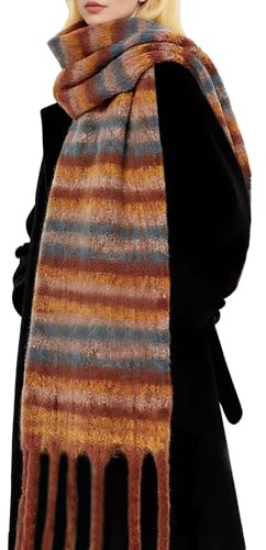 Darller Winter Scarf for Women Large Chunky Plaid Scarves Oversized Thick Soft Blanket Scarfs Warm Tassel Shawl, Orange red blue stripes