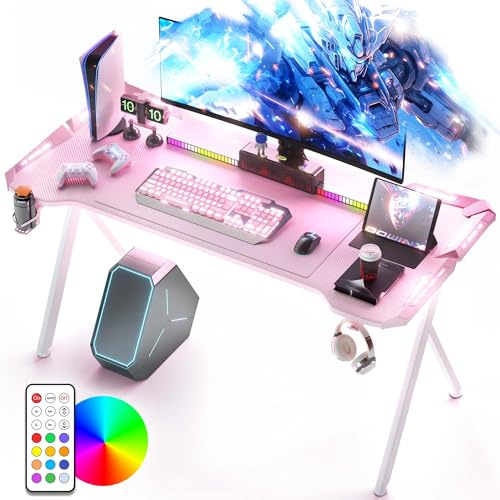 Dowinx Mesa de juegos con LED, RGB Gaming Mesa de ordenador con superficie de fibra de carbono, escritorio LED para juegos con mando a distancia, mesa de juegos con soporte para tazas y gancho para