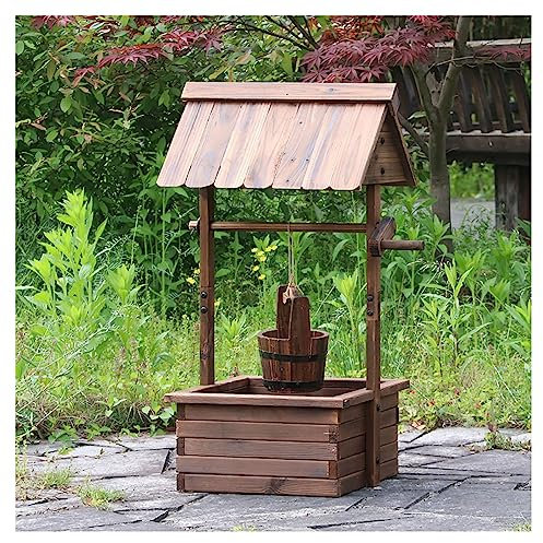Fontaine de puits à souhaits rustique en bois pour décoration de jardin – Pompe électrique suspendue – Pot de fleurs en forme de cascade pour terrasse et cour