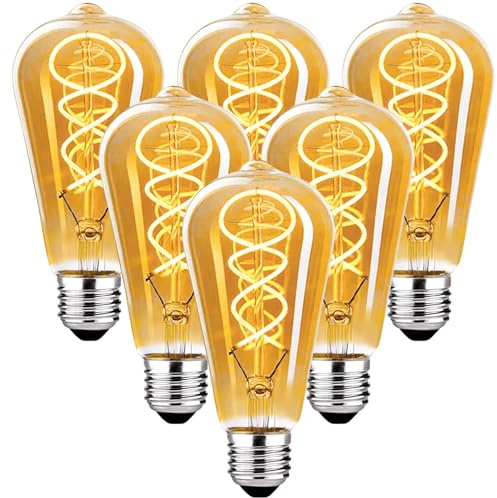 Hofouple LED-Leuchtmittel, Vintage, E27, dimmbar, 4 W, ST64, Warmweiß, Edison, ideal für die Beleuchtung im Retro-Stil, dekorativ, Bernstein-Glas – 6 Stück