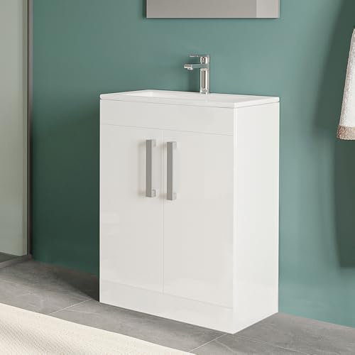 Mobiletto Bagno Da Terra Salvaspazio Da 60 Cm In Legno MDF Bianco Linea Poket Con 2 Ante Dalla Chiusura Soft-Close E Ripiano Interno, Completo Di Lavabo