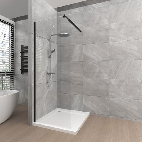 T&K 700x1900mm Walk in Shower Enclosure Wetroom Shower Screen Panel Matte Black Framed, 8mm Tougheded Glass Safety Double-Sided Easy Clean Glass with Telescopic Support Bar