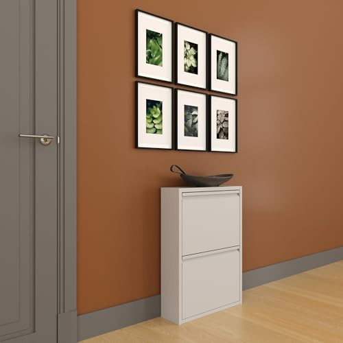 furni24 Schuhschrank Schmal – Platzsparender Metall-Schuhschrank mit Magnetklappen, Platz für 4-6 Paar Schuhe, Wandmontierbar und Vormontiert - 2 Klappen, Grau