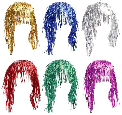 Party-Perücken, Foto-Requisiten, Party-Requisiten, Haar-Lametta, Party-Zubehör, Verwendung für Neon-Party, Maskerade, Ball, männliche und weibliche Rollenspiele, Perücke, Party, Weihnachten, 6 Stück