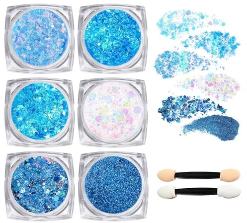 MisFun 6 Pièces Paillettes pour le Visage pour le Corps, Gel Pailleté pour Les Cheveux, Paillette Cheveux Gel Paillettes Pour Le Corps, Paillette Visage Pour Festival Fête Noël Pâquesl Pâques (Bleu）