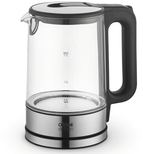 CUISINE EDITION Bollitore in vetro, con base a 360° e indicatore LED, elementi in acciaio inox, 1,7 litri, bollitore in vetro, bollitore in acciaio inox, dispenser per acqua calda, bollitore per acqua
