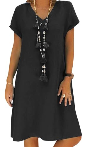 Kvruhuiy Women's Casual Dresses Summer Linen Dress V Neck Short Sleeve A-line Dress Black XXL
