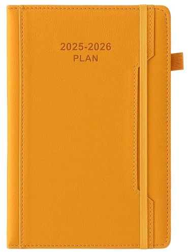 Akademischer Terminplaner 2025/26, A5, Seite pro Tag, Mitte Jahr, Hardcover, Stifthalter, Vordertasche, buntes Monatsregister, elastischer Verschluss, Gelb