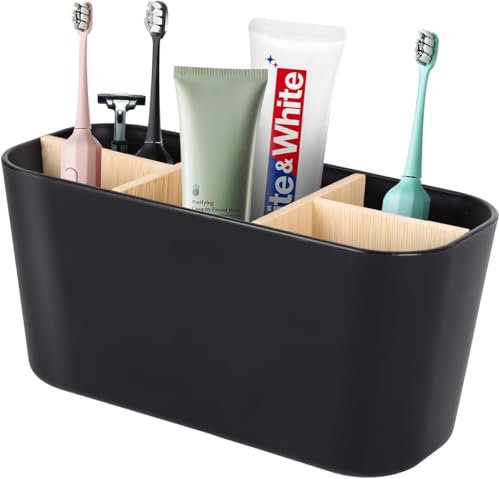 Neuytiky Porte-Brosse à Dents électrique en Bambou - Support avec séparateurs Amovibles | Organisateur Salle de Bain Anti-moisissure | pour brosses à Dents manuelles/électriques (Noir)