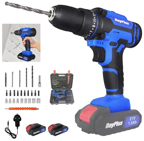 21V Cordless Electric Drill, Wireless Handheld Screwdriver Set with 25+1 Torque Setting, Two 1500 mAh Batteries, 2-Gear Combi Hammer-Drill, Safety Lock 3/8 Chuck Driver Kit with Carrying Case