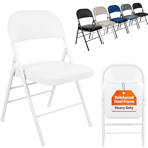 Nyxi Folding Chairs with Padded Paris Faux Leather Seats, Metal Frame, Foldable Chair Home Office Dinning, Multi-Purpose Indoor & Outdoor (White Leather PVC, 1 X Chair)
