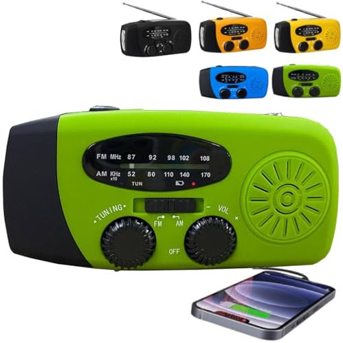 Portable Emergency Radio, Wind Up Solar Hand Crank Powered Weather Radio with AM/FM Tuner 2000mAh USB Phone Charger SOS Alarm LED Flashlight for Household Outdoor Camping Hiking (green)