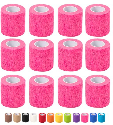 12 Pack Self Adhesive Bandage Wrap, 5cm x 4.5m Non-Woven Self Adherent Cohesive Bandage, Vet Wrap Wound Tape for Thumb Finger Wrist Knee Ankle, Pink