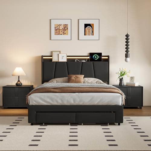 Cama tapizada 160 x 200 cm con contenedor, cama con contenedor con LED y puertos de carga USB, cama matrimonial acolchada, tela de lino, estructura de cama con cajón de almacenamiento, sin colchón