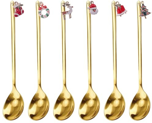 YunBey Weihnachtslöffel-Set, 6-teilig Goldene Edelstahl-Löffel mit Weihnachtsanhängern, passend für Festtagsabende/Party-Geschirr/Tischdekoration, geeignet für Familie, Esstisch Café (inkl. Geschenkb)