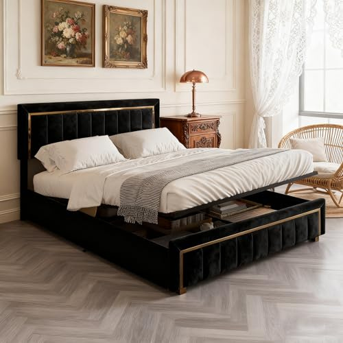 BRYXR Doppelbett 160 x 200 cm, Polsterbett mit Stauraum, Bett mit Lattenrost und Hydraulisch Stauraumbett, Bettgestell für Erwachsene und Jugendliche, Samt, Schwarz, Ohne Matratze