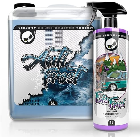Nuke Guys Auto Scheibenenteiser Set | 1x Eisfrei Scheiben Enteiser Spray 1l für Autoscheiben + AntiFrost Wischwasser 5l Gebrauchsfertig bis -18° | Enteiserspray für klare Sicht + Scheibenfrostschutz