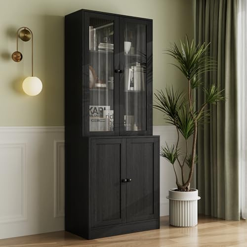 VOWNER Bibliothèque à 5 étages avec portes en verre - 180 cm - Armoire haute - Armoire de buffet pour cuisine, salon, salle à manger - A (noir)