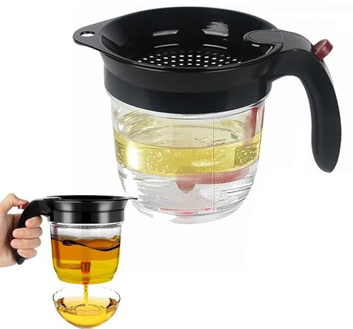 Fat Separator for Cooking, Fat Separator with Bottom Release, Kitchen Grease Container Oil Strainer, Glass Gravy Separator with Built-In Strainer Mess (Black)