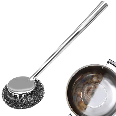 Rostfritt stålkrubber, stålullskrubber Långt handtag avtagbart | Skurkuddar för krukor spisar bordsartiklar