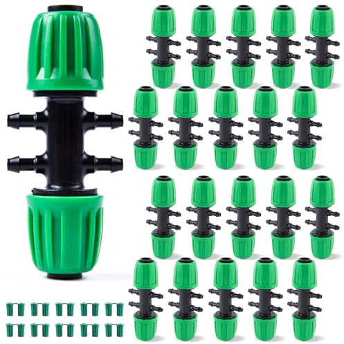 Kalolary - Set da 20 raccordi a T con dentellatura per irrigazione a goccia | raccordi anti-caduta da 1/2 pollice a 1/4 pollice (per tubi con diametro interno di 13 mm e 4 mm) (Verde)
