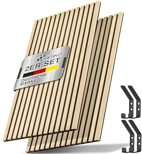 TRESKO® 2 Stück Akustikpaneele Holz 120×60x2,1 cm inkl. Kleiderhaken | Wandverkleidung Eiche Schwarz als 3D Lamellenwand | Holzpaneele Paneele für Schallschutz | Akustik Wandpaneele mit Montageset