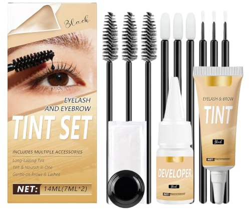 1 Set Tinte Pestañas Negro Tinte De Cejas Fórmula Suave Acabado De Maquillaje Natural Color Duradero 7 Ml Con Colorante Brocha Varilla Mezcladora Guantes Y Paleta Práctico Apto Para Uso Doméstico