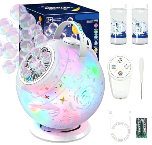 Wiederaufladbare Seifenblasenmaschine mit Fernbedienung, 90°/360° Rotation, 7-farbiges LED, USB-C 45 Min Laufzeit, große Seifenblasen, Spielzeug für Kinder, Geschenk