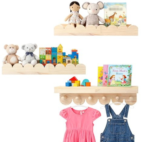Wandregal Holz Kinderzimmer, 3PCS Bücherregal Kinder Wand mit Holzhaken,Schweberegal ideal für Bücher und Spielzeug, Bücherregal Hängend für Kinderzimmer, Schlafzimmer, Wohnzimmer, Badezimmer, Küche