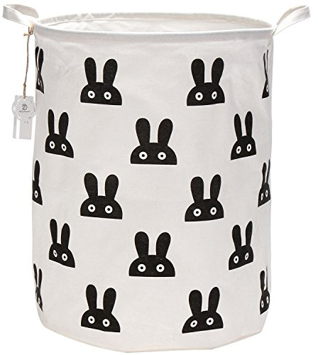 Sea Team 19,7 Zoll große Größe wasserdichte Beschichtung Ramie Cotton Fabric Folding Wäschekorb Eimer Zylindrischer Sackleinen Leinwand Aufbewahrungskorb mit stilvollem Black Bunny Design