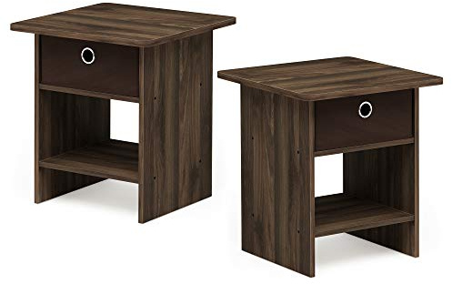 Furinno Dario End Table/ Night Stand Storage Shelf with Bin Drawer, Columbia Walnut/Dark Brown, Set of 2