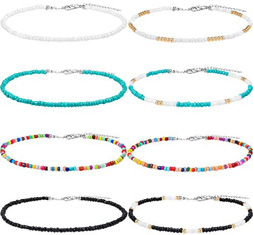 Hicarer Collier de Perles Minuscule Perles Choker Boho coloré Rainbow Choker Bijoux chaîne pour Les Femmes et Les Filles, réglable 12-16 Pouces (Jeu de Couleurs 1, 8 Pièces), alliage et verre,