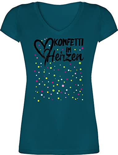 T-Shirt Damen V Ausschnitt - & Fasching - Konfetti im Herzen I Köln Karneval I Confetti - XXL - Türkis - Tshirt Herz faschingsshirt Faschings Fastnacht Coole-Fun-t-Shirts karnevalsshirts Karnevals