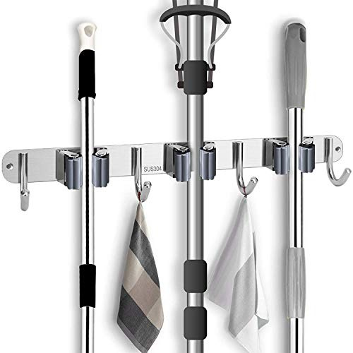 Mop Halter Edelstahl Wandhalterung Besen Gerätehalter mit 4 Haken und 3 Schnellspannern für Zuhause Küche Bad Garage Garten
