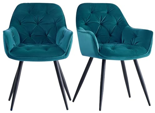 JYMTOM Esszimmerstühle mit dickem Samtstoff gepolsterter Sitz, Metallbeinen, Armlehnen und Rückenlehne Eckstuhl für Lounge Wohnzimmer(blaugrün,2)