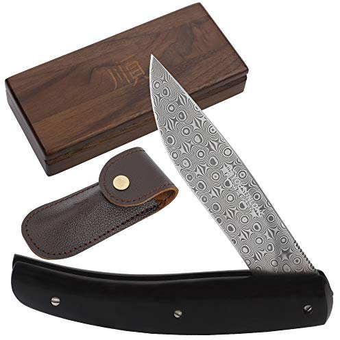YOUSUNLONG Klappbares Taschenmesser 186mm - Bestens geeignet für Camping,Survival,Wandern,Angeln - Klinge aus Damaszener Stahl - Griff aus Ebenholz mit Lederscheide