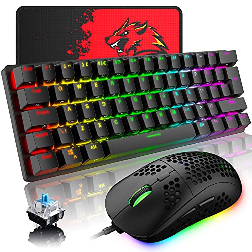 Wired Gaming Keyboard Mouse Combo Chroma RGB Backlit Mechanical Keyboard with 61 Keys Anti-ghosting Floating Keycaps Metal Plate Type-C RGB Gaming Mouse 6400 DPI for PC Gamers (Whtie/Blue Switch)