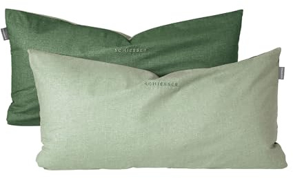 SCHIESSER Kissenhülle 40x80 cm | 100% Baumwolle | Grün | 2er Set | Zweifarbig | Renforcé | angenehm weich & glatt | Logostickerei | Reißverschluss | OEKO-TEX® MADE IN GREEN